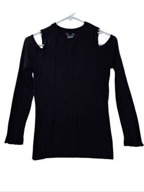 VENUS Cold Shoulder Black Pointelle Knit Sweater Women's Small Ruffled Sleeves